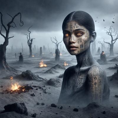 The primary subject of the image is a woman with a unique appearance. She is wearing a black and white dress and has a tattooed face, which gives her a distinctive look. The setting is a barren landscape with a sky background, and the visual style is a combination of photo and digital art. The colors in the image are predominantly black and white, giving the scene a moody and dramatic atmosphere.